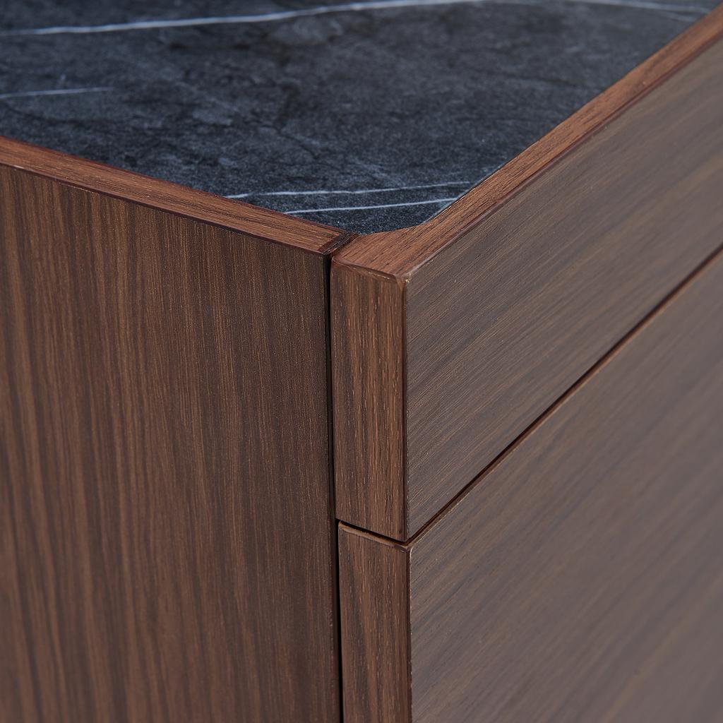 Modern Coffee Table with Drawers & Glass Top – Dark Brown Wood Design, Wood Grain in Marble Look, Metal Legs & Lots of Storage Space for Living Room