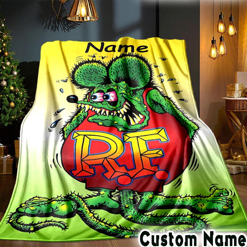 Custom Name Rat Fink Throws Blanket Flannel Blankets for Couch Bed Gifts for Men Women Picnic Blanket Christmas Fan Gifts