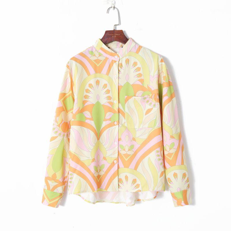 

2023 Женская весенняя одежда Мода K-стиль Свежий принт Изящный воротник-стойка Однобортная Свободные длинные рукава Рубашка с неровным подолом Color S