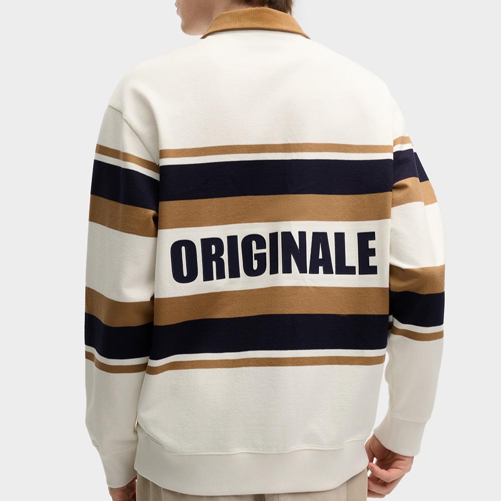 Fila Versatile Casual Striped Long Sleeve Polo Shirt Men Tops Cloud-Mushroom-White F11M519205FWT