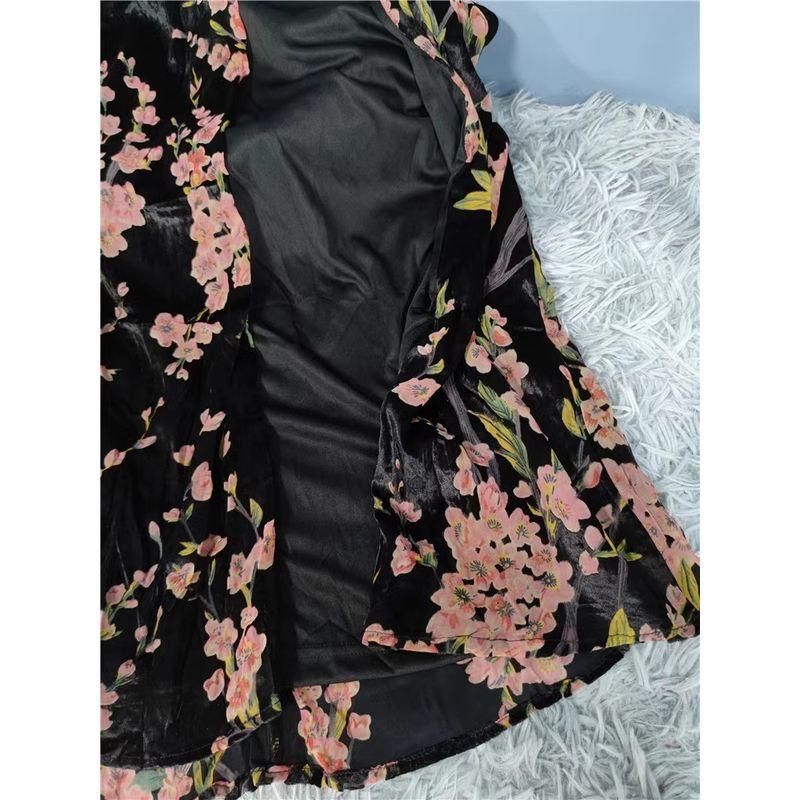 Foreign Trade Order Lu's Wrap-around Print New Split Long Legs Retro Velvet Slimming Banquet Annual Meeting Formal Dress Dress