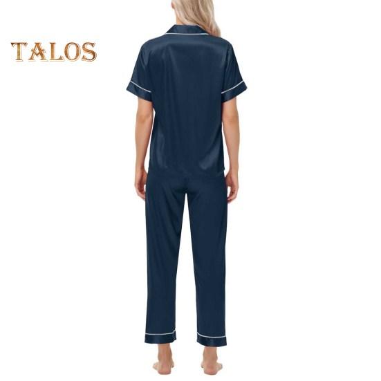 2-teiliges Pyjama-Set aus Satin, einreihig, Eisseide, Übergröße, Strickjacke, V-Ausschnitt, Reverskragen, einfarbiges Hemd, weites Bein, lockere Hose, Nachthemd