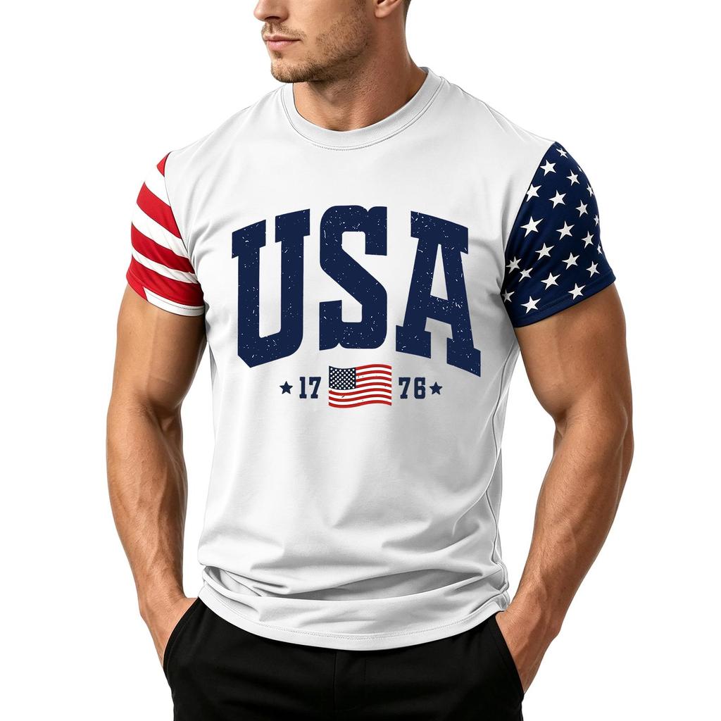 Men's Independence Day Flag Print Short Sleeve T-Shirt, Loose Casual Daily Summer Tops