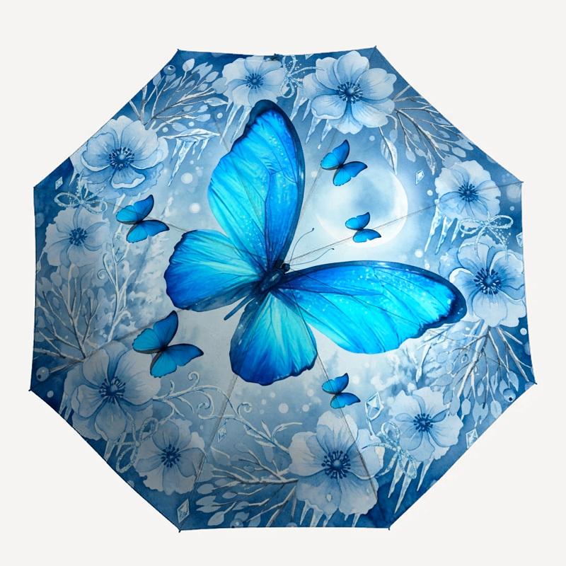 

1pc Blue Butterfly Winter Flowers Umbrella with Plastic Handle,Compact & Stylish,Suitable for All Seasons YS331098