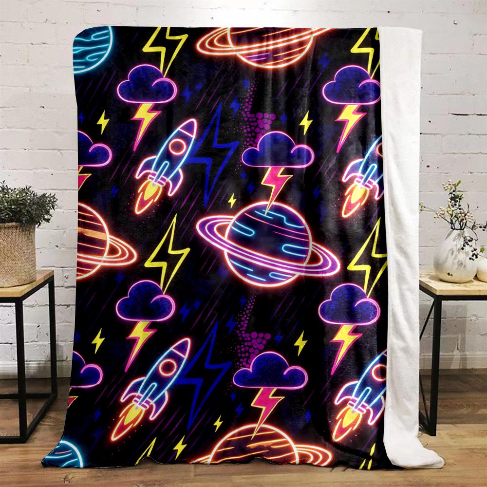 Neon Space Pattern with Rockets and Planets Flannel Blanket for Bedroom, Living Room, Sofa, and Nap Sofas.