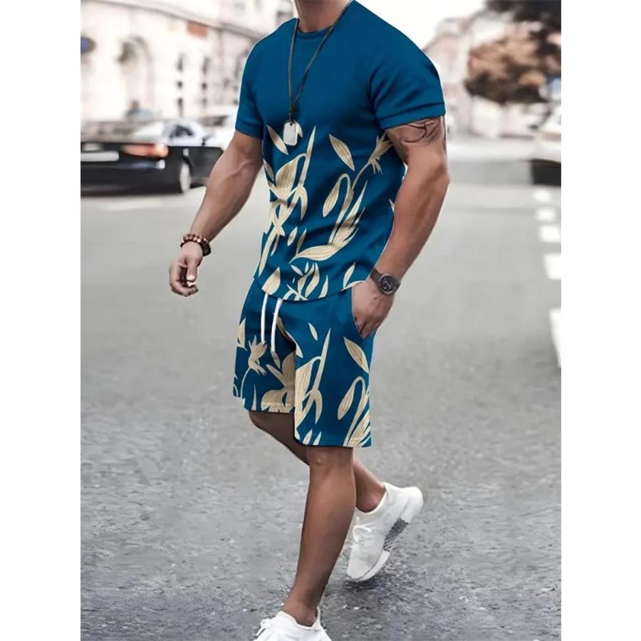 Summer Men's Sailor Short Sleeve Set Anchor Print Pattern Short Sleeve Shorts Set Men's Crew Neck T-Shirt and Drawstring Shorts
