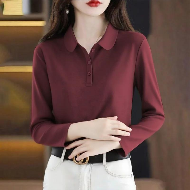 Autumn Women's Polo Shirt Long Sleeve Solid Color Casual Top