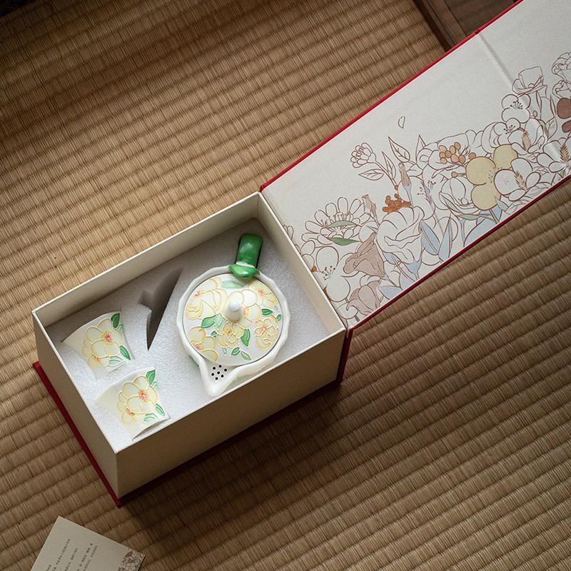 Hand-Painted Ceramic Tea Set 1-2 People Modern Minimalist Design With Floral Motif Gift Boxed Porcelain Teapot Two Cups