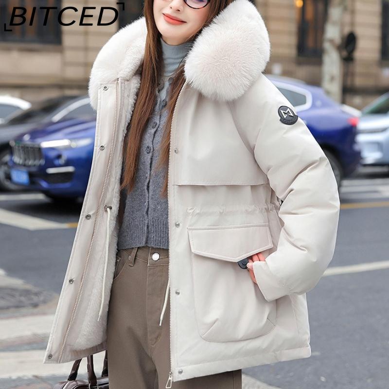 BITCED Women's Winter Slimming Down Jacket with Fashionable Fleece Lining and Thick Fur Trim