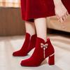 Bow Booties Fashion Round Toe Suede Side Zipper Non-Slip Wear-Resistant Block Heel Shoes