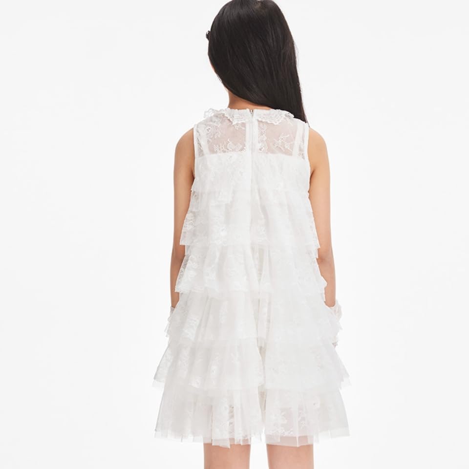 Barry Banny White Tulle Floral Lace Summer Princess Perfect for Entrance and Size 140cm Girls' Dress, Multi-Layer Style, Recitals, Weddings,