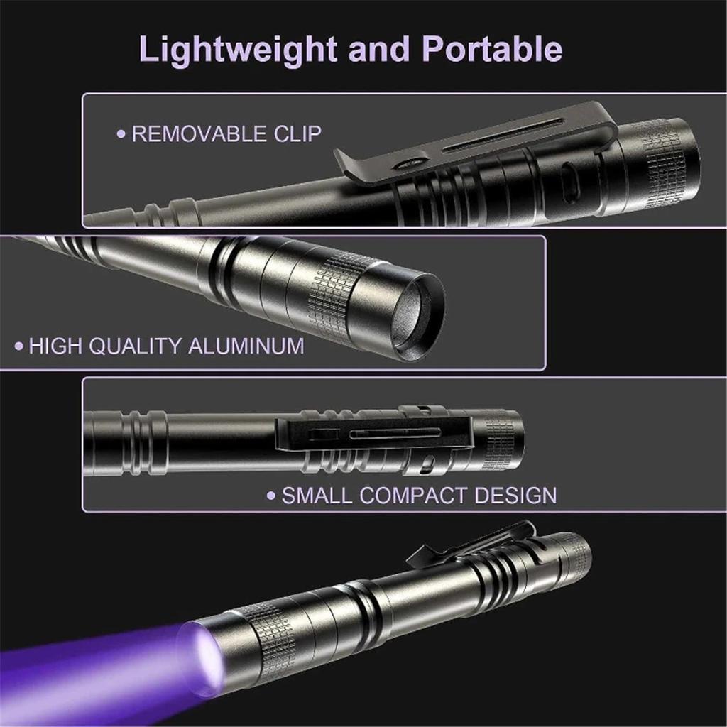 395nm Mini UV Flashlight Pen Light Portable Black Light Detector with Clip for Pet Urine Stains Money Counterfeit Check Fluorescent Invisible Ink