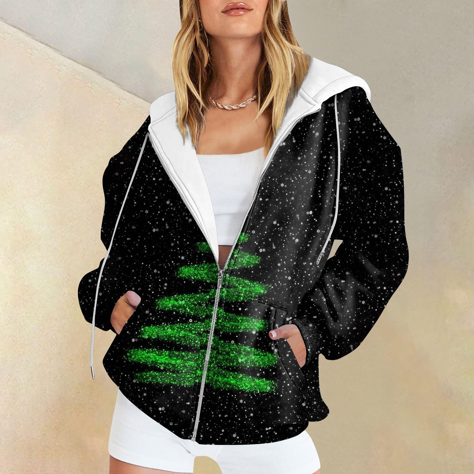 

Женская длинная куртка-кардиган с рождественским принтом и карманами на молнии с капюшоном XL чёрный