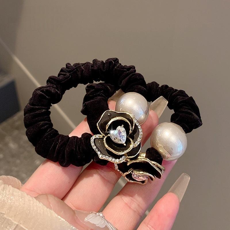 1Pcs High End Sensation Hair Ropes Black Pearl Tea Rose Hair Ties Women'S Fashionable Hair Bands Elegant Hair Rings
