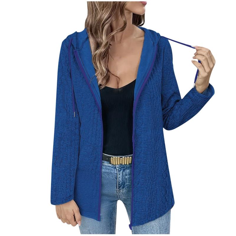 Women's New Spring Autumn Winter Loose Zipper Long-sleeved Hooded Top Solid Color Casual Cardigan Jacket