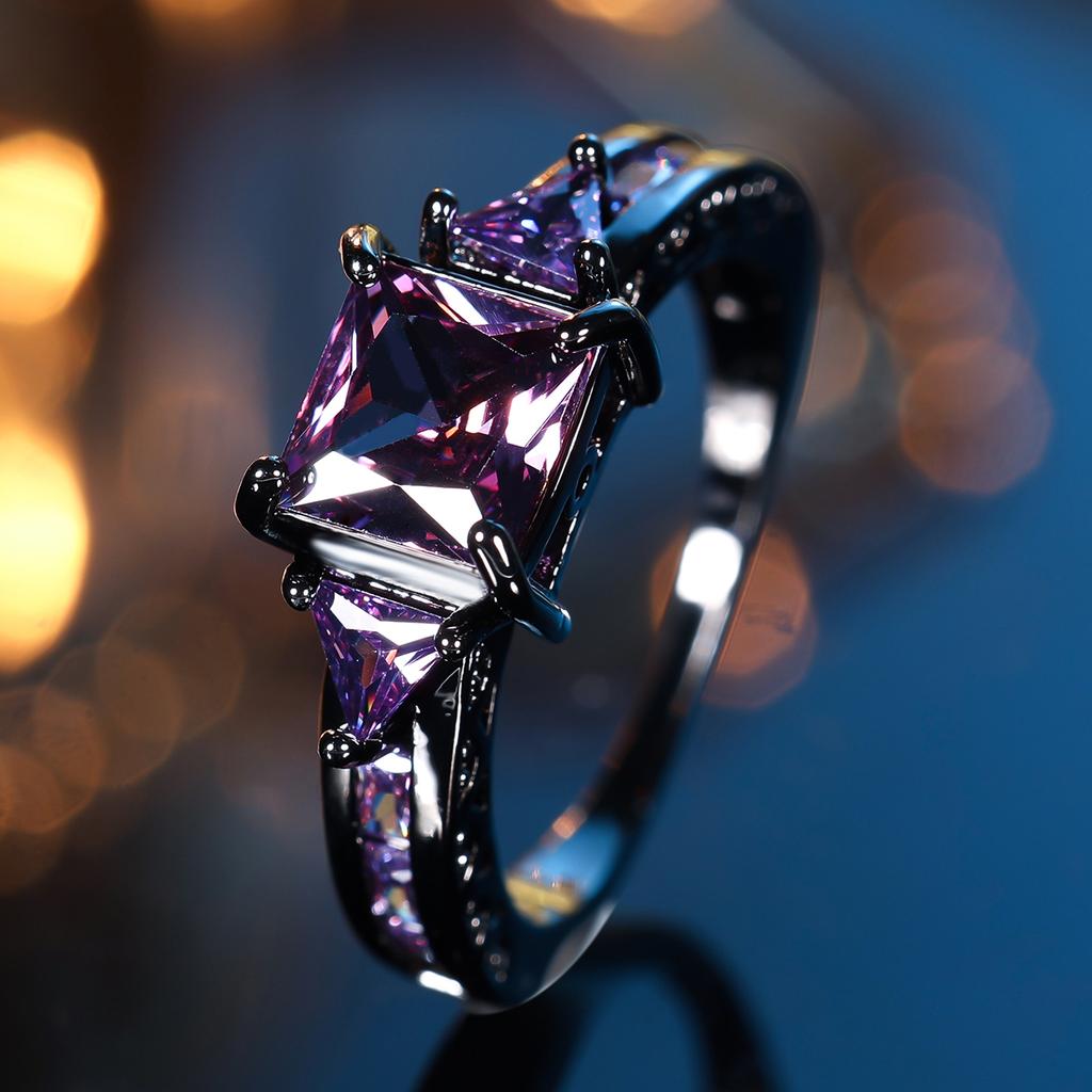 Cute Female Purple Square Zircon Stone Ring Vintage Fashion Black Gold Color Wedding Jewelry For Women