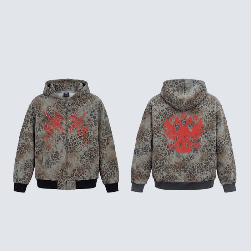 Vintage Leopard Print Hooded Zip-Up Sweatshirt With Red Thorn Studs Streetwear Unisex Oversized Casual Top