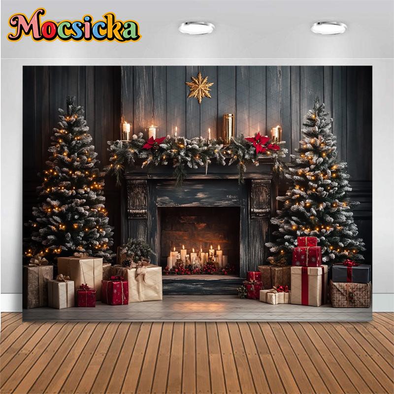 Mocsicka Christmas Tree Photography Background Gift Fireplace Home Wood Wall Decoration Baby Photo Backdrop Shooting Prop Studio
