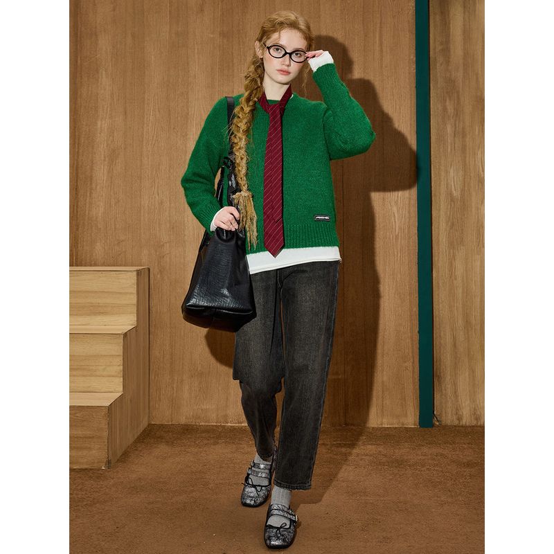 Coolhut Christmas Green Soft Retro Solid Color Basic Round Neck Loose Knit Lazy Style Winter Women's Sweater