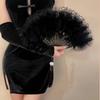 Elegant Folding Fan Full Velvet Black White Feather Fan with Pendant Bride Hand Fan Fairy Girl Dance Wedding Party Decoration