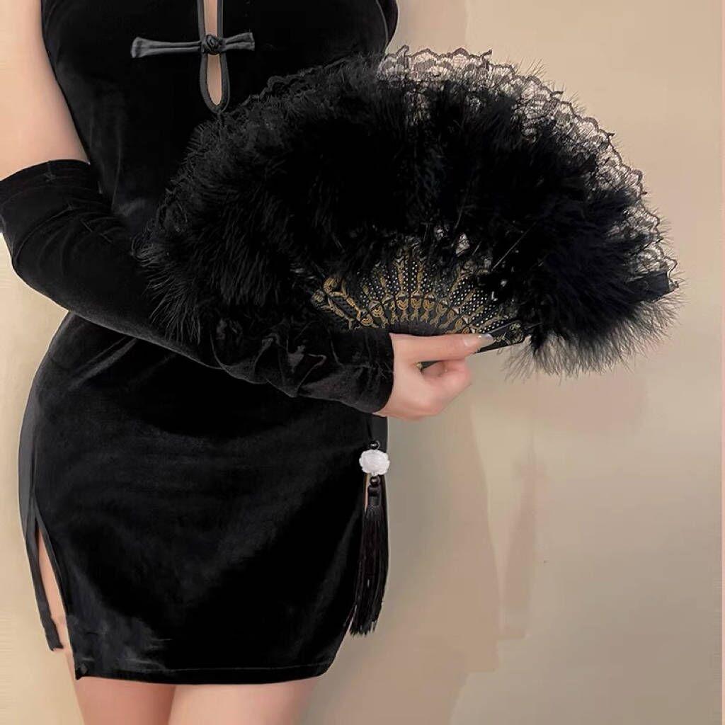 Elegant Folding Fan Full Velvet Black White Feather Fan with Pendant Bride Hand Fan Fairy Girl Dance Wedding Party Decoration