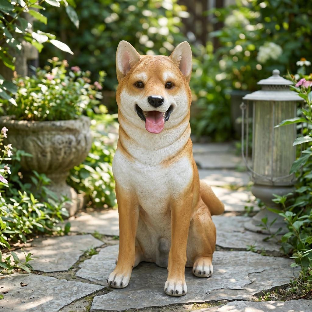 TanandWhite Dog Statue Fiberglass Akita Outdoor Canine Sculpture with Basket for Entryway