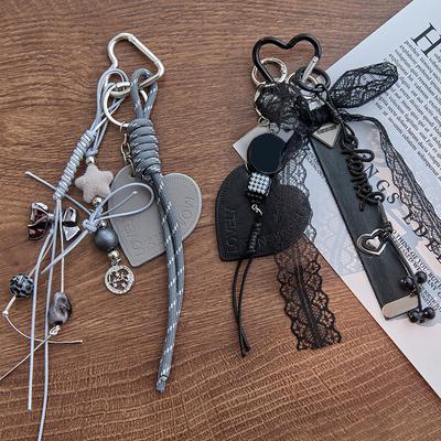 Y2K Star Heart Leather Bag Pendant Keychain Ins Style Girly Keyring Car Key Holder Backpack Hanging Decoration Key Accessories
