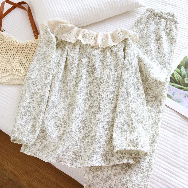 2026 New Women's Spring and Autumn Pajama Set 100% Cotton Crepe, Rural Style Lace, Long Sleeve Home Clothes Sleepwear