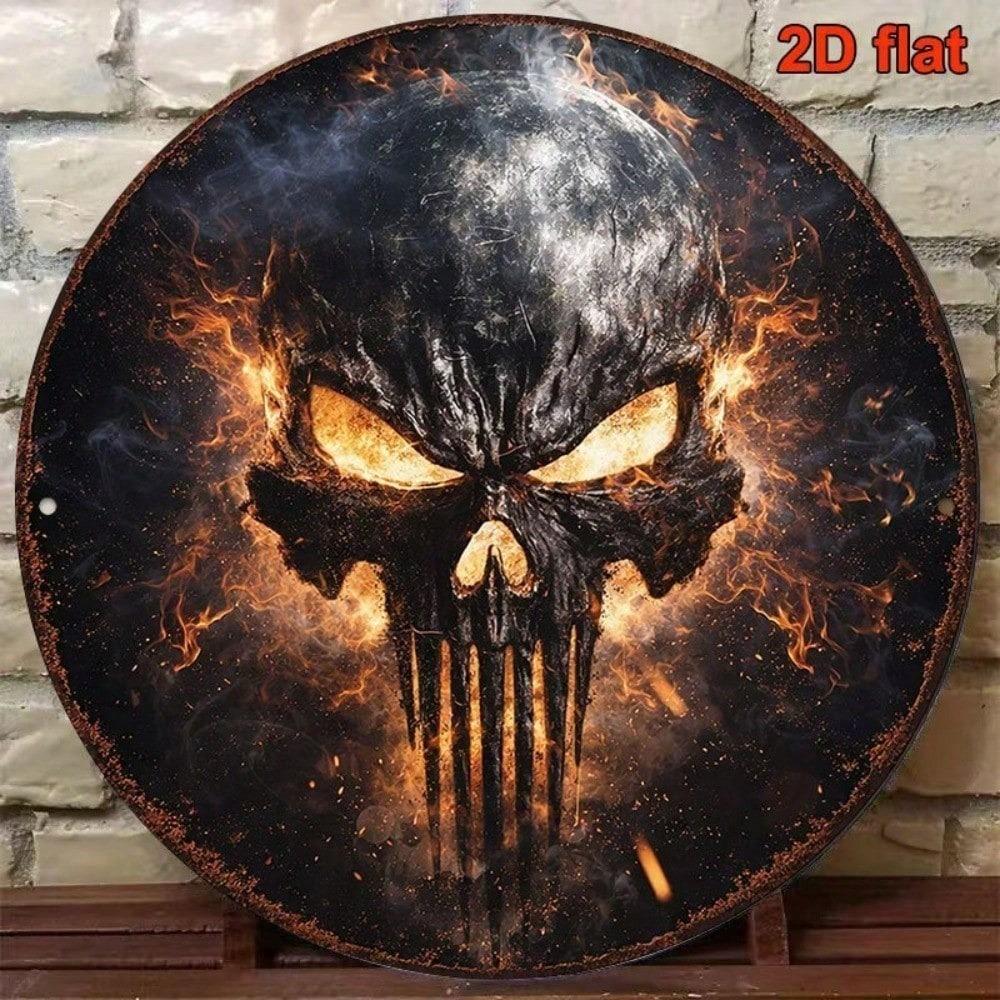 1pc Vintage Punisher Skull Flame 2D Flat Round Sign 8x8in, Unique Wall Art Plaque for Bar Game Room Garage Man Cave