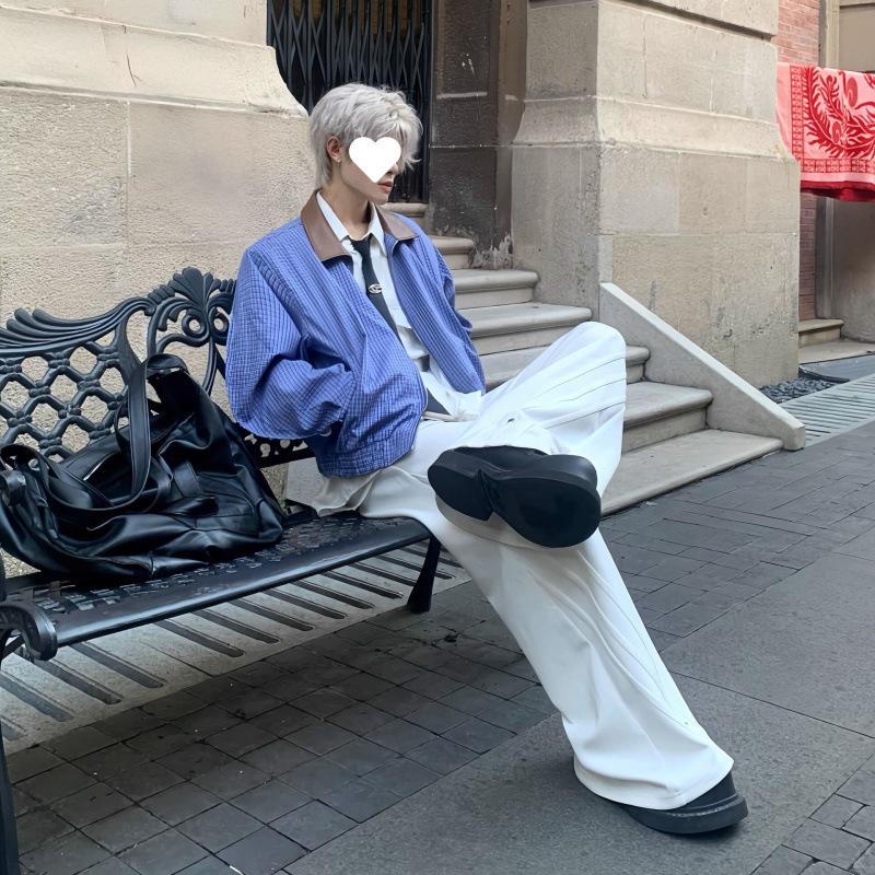 

Короткая мужская куртка с подплечниками в синем стиле с клетчатым лацканом 2XL