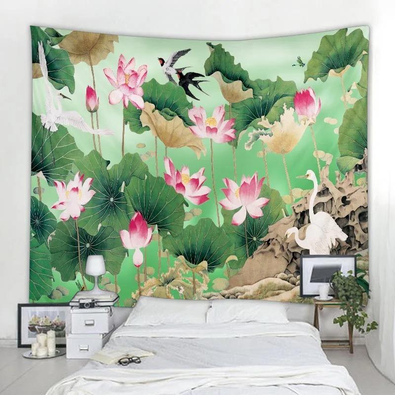 Home art decoration lotus leaf tapestry wall hanging bohemian hippie small fresh tapestry yoga mat large beach towel