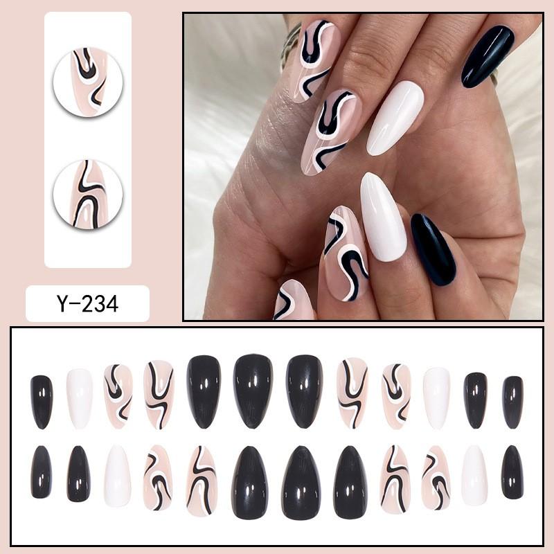 Reusable Press-On Nails With Black Line Design Almond Shape Minimalist Style Gel Glue Or Jelly Adhesive