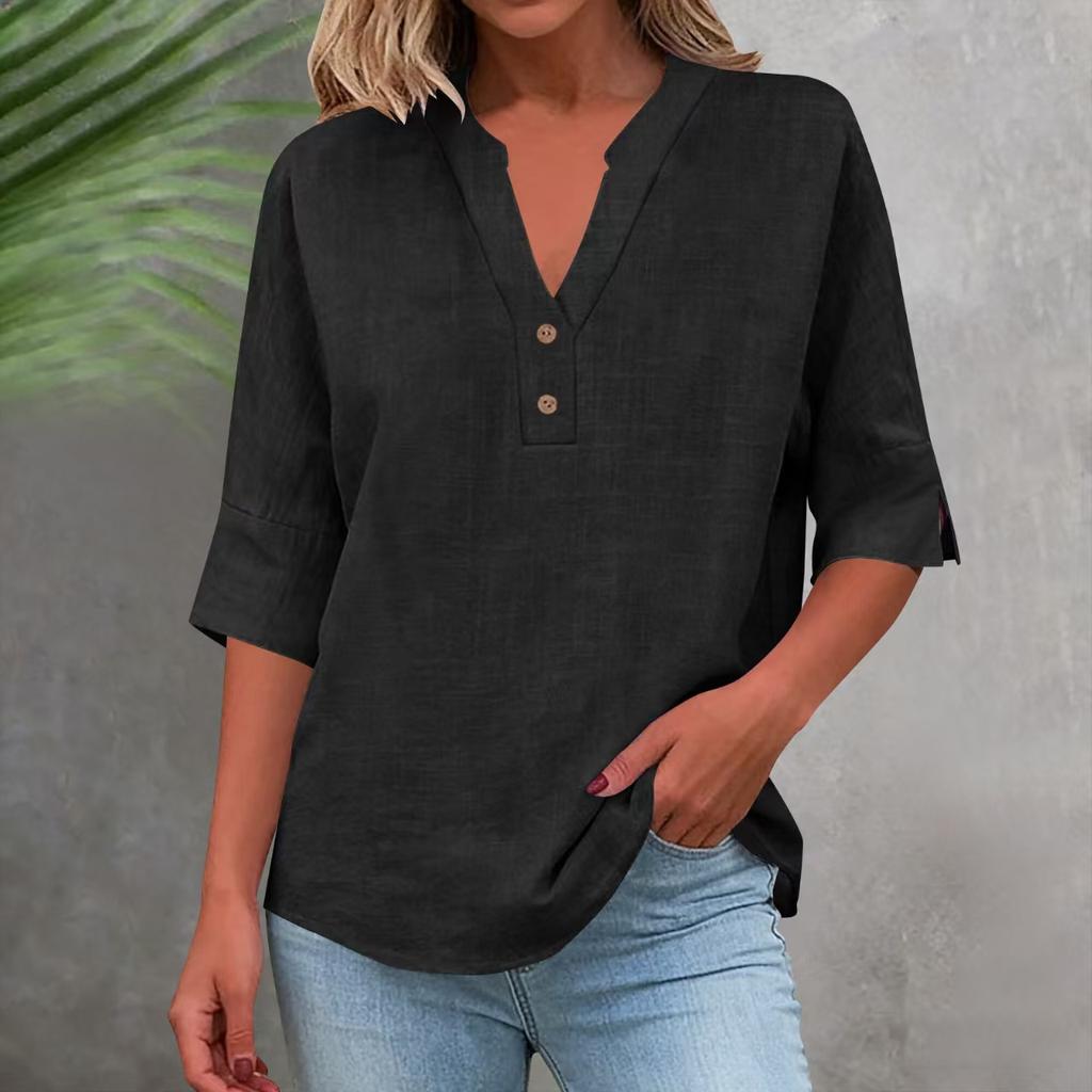 3/4 Sleeve Linen Tops For Women Loose Fit V Neck Button Down Shirts Cute Solid Summer Beach Tee Shirts