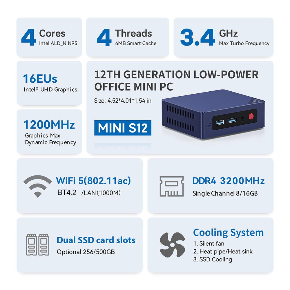 Beelink Min S12 N95 Mini PC Win11 Pro Support Wifi5 1000M LAN Desktop Mini Computer
