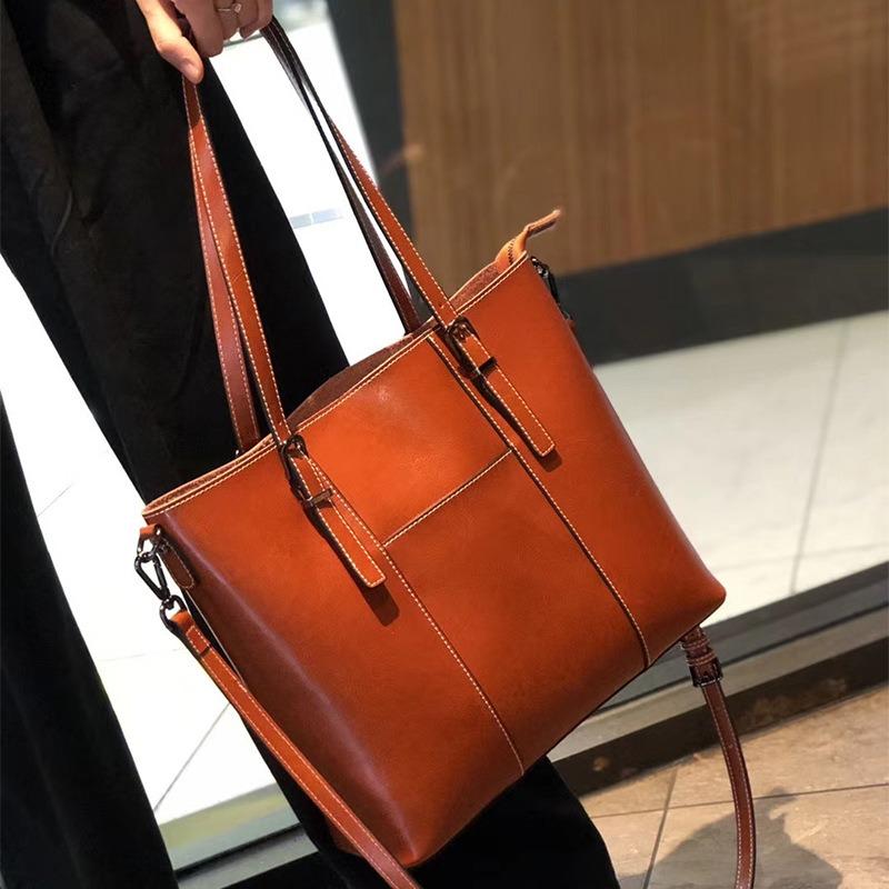 Leather Women's Bags, Large Bags, New Retro Shoulder Bags, Women's Large-capacity Tote Bags, Commuter Bucket Bags.
