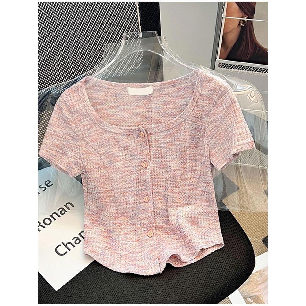No price reduction #sweet wind niche u-neck short-sleeved t-shirt women's summer new pure desire spice girl slim versatile