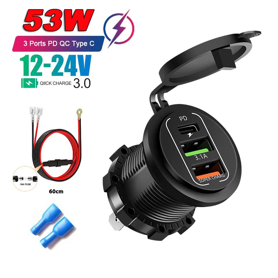 86W 4-Ports USB Charger with LED Voltmeter Dual PD & Dual QC3.0 Fast Charging Adapter Waterproof For 12/24V Car Boat Motorcycle