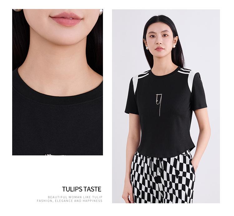 Round neck T-shirt for women, elegant summer short sleeved shirt, contrasting color top