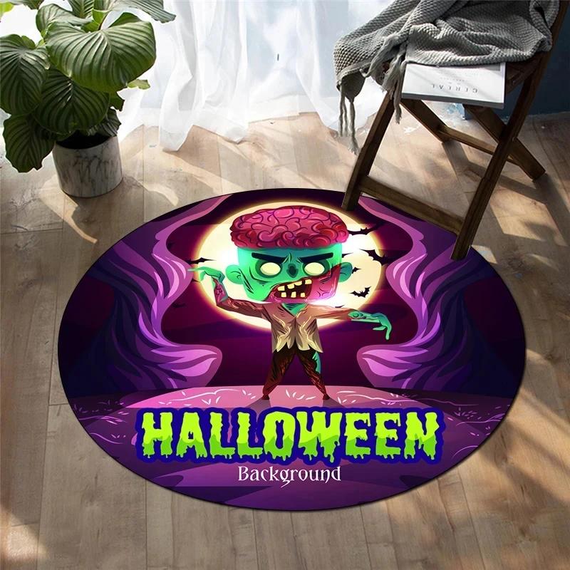 Happy Halloween Round Carpet Castle Bat Print Area Rug for Living Room Bedroom Chair Non Slip Horror Theme Floor Mats Yoga Mat