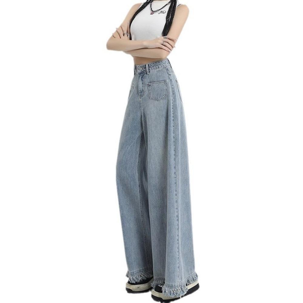Rough edge wide leg jeans women's spring and autumn new design high waist loose drape versatile floor mopping jeans