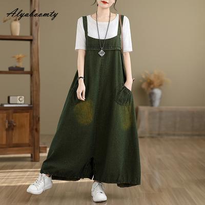 Spring Summer Women Oversized Streetwear Jumpsuits Suspenders Washed Cotton Green Denim Tank Dress Vintage Sleeveless Midi Dress