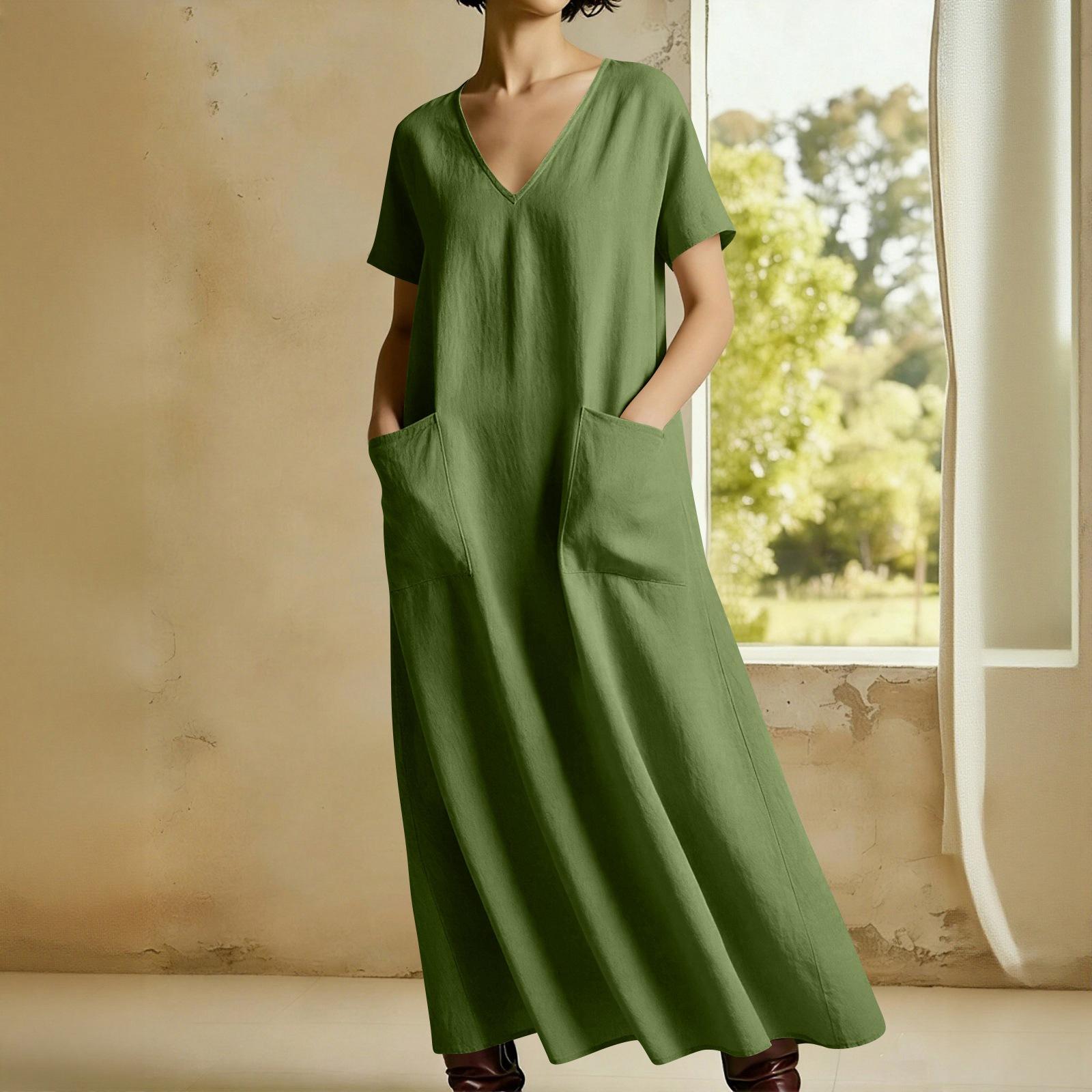 

Women s V-neck Short-sleeved Mid-length Loose-fitting Dress With Pockets And Casual L армия зеленый