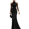 Women Halter Neck Long Sleeve Evening Dress Sheer Mesh Off Shoulder Floor Length Formal Gown Ruched Waist Maxi Dress