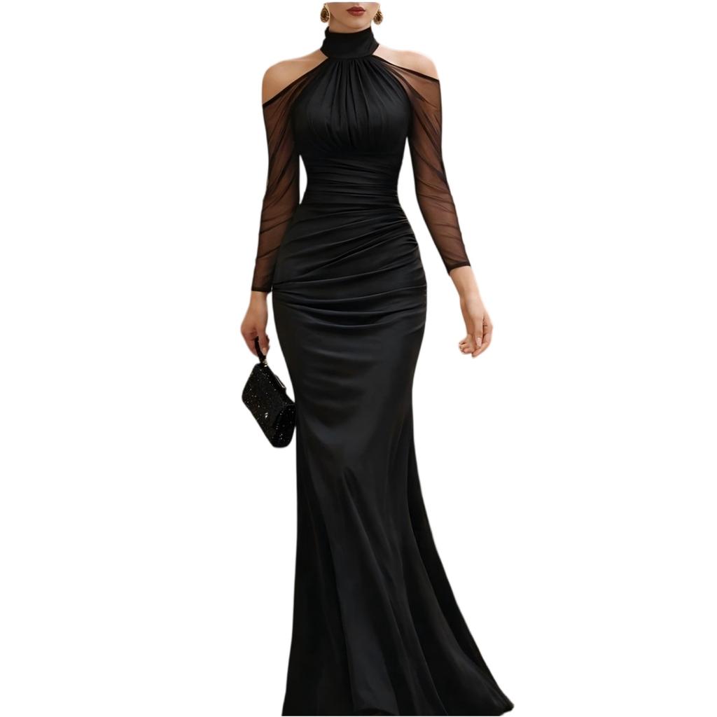 Women Halter Neck Long Sleeve Evening Dress Sheer Mesh Off Shoulder Floor Length Formal Gown Ruched Waist Maxi Dress