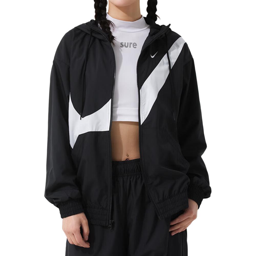 ახალი Nike Sportswear Classic ქალის თავისუფალი მორგების ულტრაიისფერი დაცვის ლოგოიანი ქურთუკი მთელ სიგრძეზე ელვა შესაკრავით HM8972-010