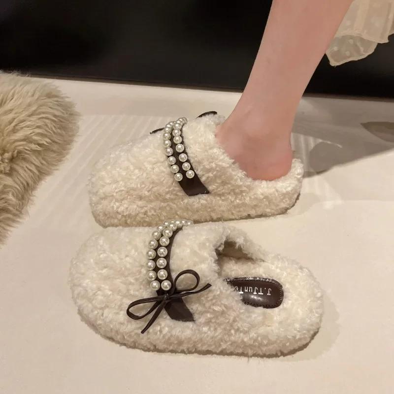 Fashion Fur Slippers Women Leopard Cotton Beaded Flats Shoes Woman 2024 Trend Winter Fashion Slingback Casual Warm Snow Boots Flip Flops