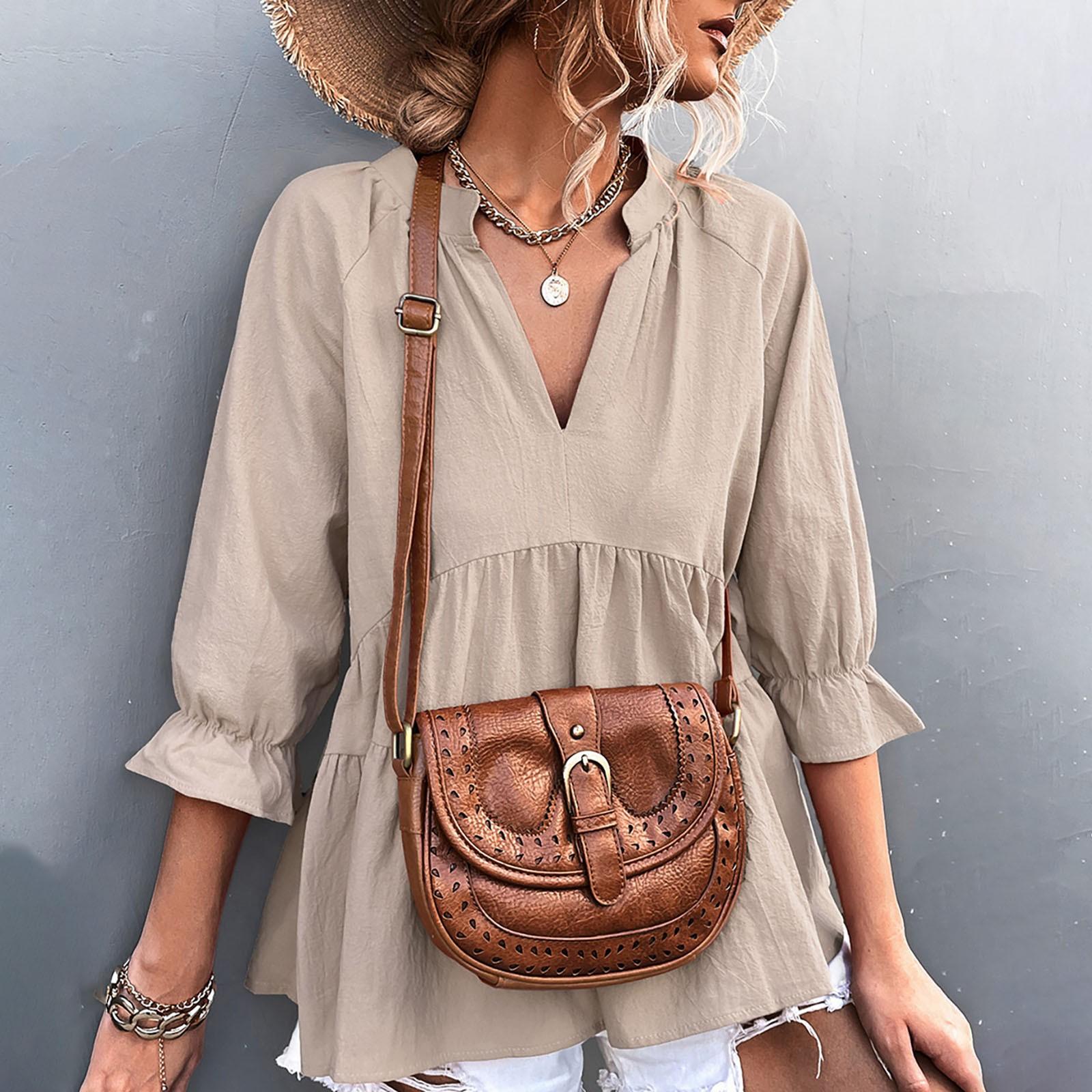 

Women s V-Neck Color Three-quarter Sleeves Large Swing Loose Casual Shirt Top M хаки