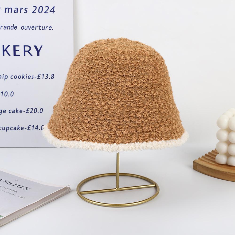 Bucket hat women's velvet thickened fashionable versatile knitted basin hat big head circumference showing small face ear protection warm hat