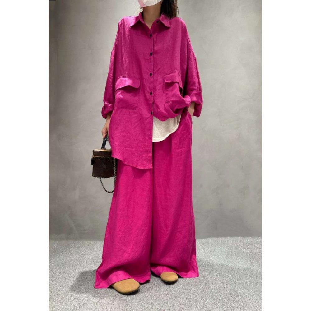 

Женский модный льняной костюм рубашка + повседневные брюки большого размера однотонная темпераментная рубашка повседневный костюм One size розы красного