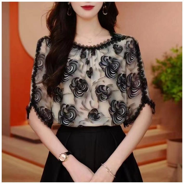 Spring and Autumn Chiffon Western Style Blouse Floral Short-sleeved Super Fairy Shirt Summer Women